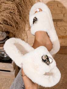 Women Fuzzy Slide Slippers Open Toe Style Skull Metal Chain Ornament - White - View 1