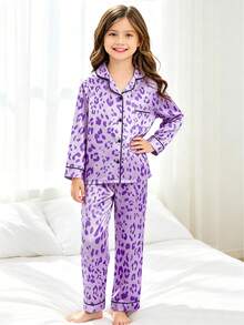 Tween Girl Purple Leopard Print Long Sleeve Pants Pajama 2-Piece Set - Multicolor - View 4