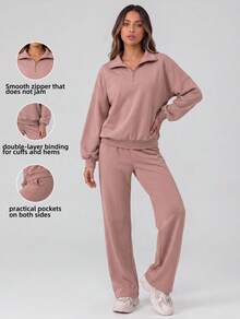 Never me Set Kasual 2 Potong Wanita Sweatshirt Kerah Setengah Ritsleting & Celana Kaki Lurus Longgar - Rusty Rose - View 4