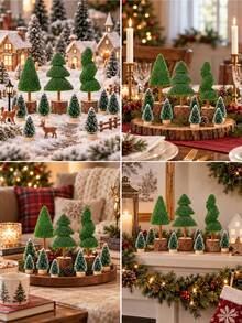 13Pcs Mini Christmas Tree, Tabletop Christmas Tree With Wooden Bases Artificial Mini Tree With 2 Sizes Christmas Table Decor Bottle Brush Trees For Christmas Decorations (Green Snow) - Multicolor - View 8