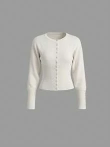 Women's Drop Shoulder Round Neck Buttoned Ribbed Waist Fashion Casual Commute Wear Solid Color Long Sleeve Knit Sweater Cardigan Outfit, Fall Winter - Beige - View 6