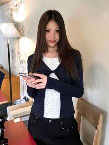 Korean Style Gentle Twist Front Blue & White Colorblock Floral Design Long Sleeve 2 In 1 Women's Autumn/Winter Top - Navy Blue - View 3