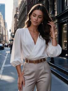 Women Casual Deep V Neck Top Puff Half Sleeve For Fall Winter Daily Commuting Going Out Dating - White - View 1