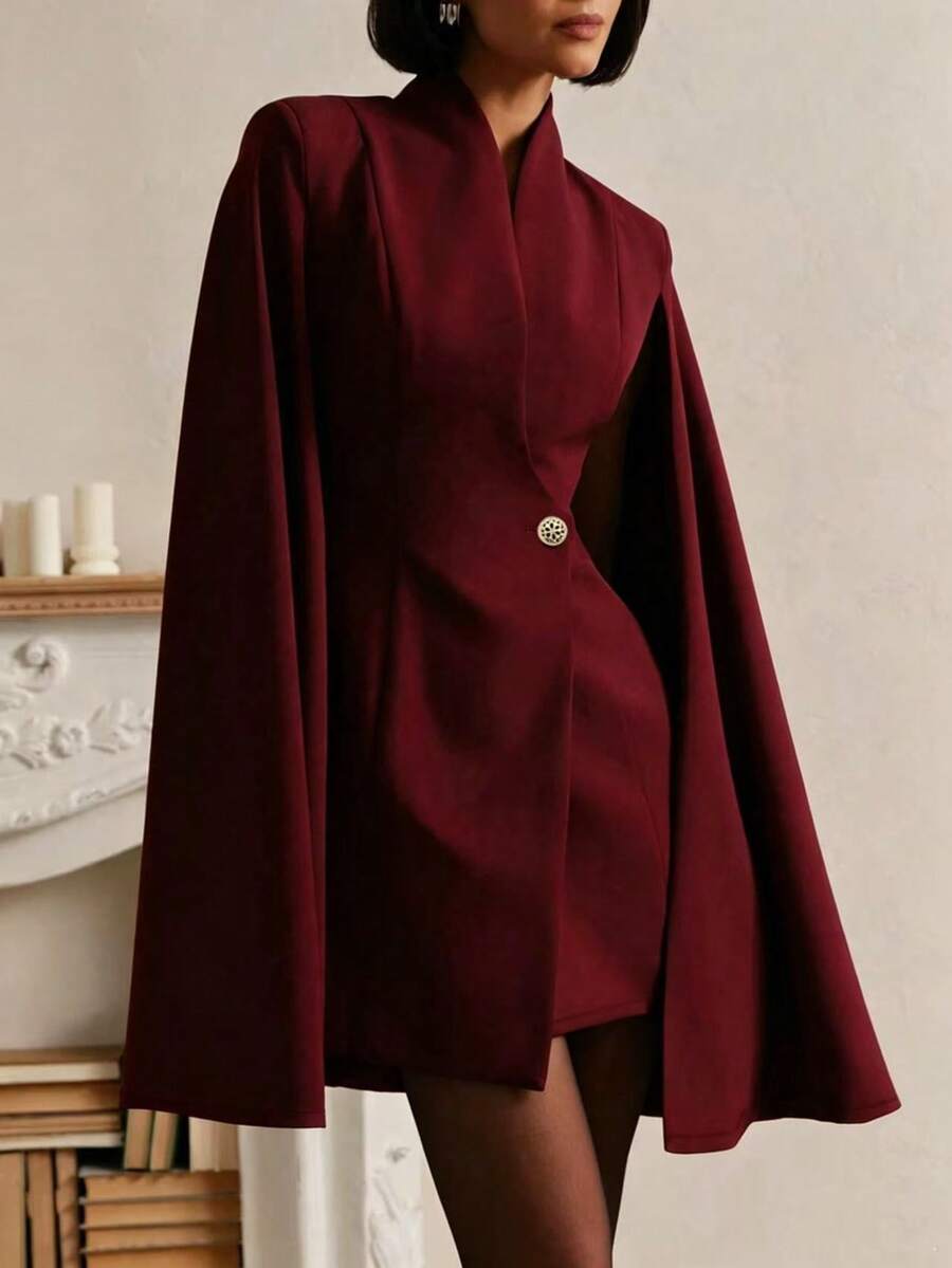 女士纯色梭织面料纽扣外套,适合春、秋、冬季正式场合穿着。 - 紅色 - 查看 1