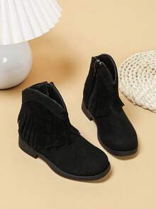 1 Pair New Fashionable Cute Ankle Boots For Infants And Toddlers, Fringed Side Zipper Faux Suede Western Cowboy Boots, Suitable For Parties, School, Outdoor - Black - View 2