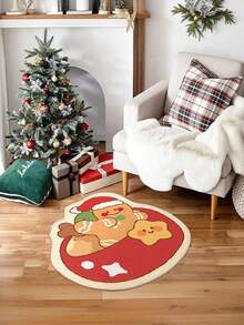 Round Burgundy Christmas Tufted Rug Checkered Border Snowman Gingerbread Gift Candy Cane Plush Rug Wreath - Red - View 1