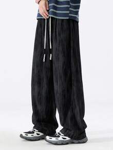 Men's American Street Style Crinkled Texture Fleece Pants, Plus Size Elastic Waist Drawstring Loose Straight Leg Casual Trousers - Black - View 6