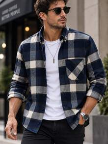 Single Pocket Detail, Plaid Pattern, Soft Textured, Cashmere Cotton, Jacket-Like, Seasonal, Cold-Resistant Lumberjack Shirt. - Royal Blue - View 2