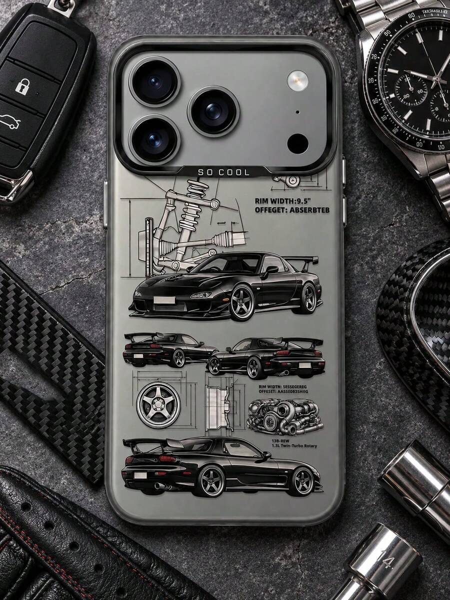 1pc Sports Car Pattern Phone Case, Classic Cream White Convertible Sports Car With Green And White Vertical Striped Background, Compatible With IPhone, Galaxy, - Multicolor - View 1