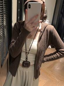 Korean Style Casual Hooded Zip-Up Knit Sweater, Slim Fit Flattering Textured Long Sleeve Top, Versatile Outerwear, Can Be Worn Alone Fall - Brown - View 7