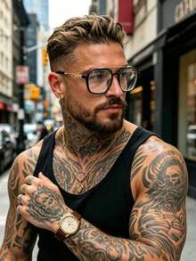 1 Pair Men's Double-Beam Black & Gold Plain Lens Glasses, Vintage Carved Metal Frame, Street Style Decorative Eyewear, Suitable For Daily Wear All Seasons - Clear - View 1