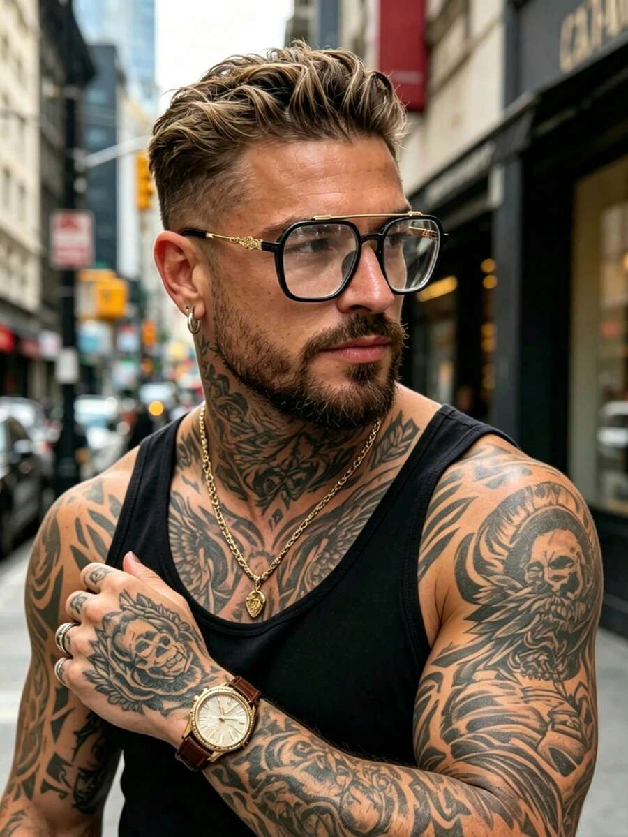 1 Pair Men's Double-Beam Black & Gold Plain Lens Glasses, Vintage Carved Metal Frame, Street Style Decorative Eyewear, Suitable For Daily Wear All Seasons - Clear - View 1
