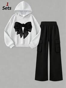2pcs Girls Casual Set, Includes Sequin Bow Hoodie + Cargo Pants, Soft And Comfortable Casual Outfit, Autumn/Winter Wear - Multicolor - View 1