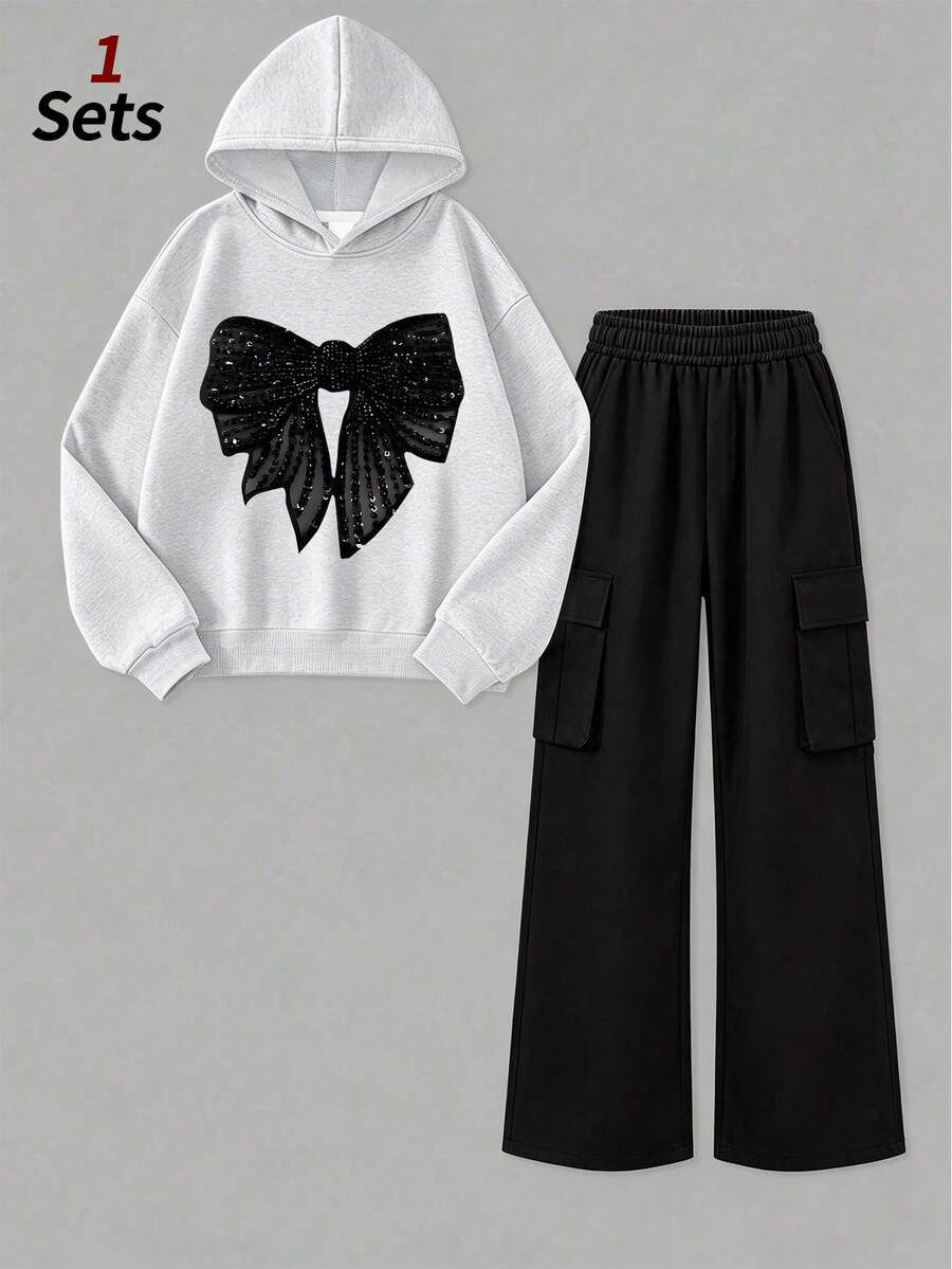 2pcs Girls Casual Set, Includes Sequin Bow Hoodie + Cargo Pants, Soft And Comfortable Casual Outfit, Autumn/Winter Wear - Multicolor - View 1