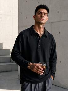 Blueprint Man 1pc Men's Black Long Sleeve Polo Shirt, Classic Turn-Down Collar With Half-Button Placket Henley Neck Design, Faux Linen Fabric, Comfortable And Fresh, Solid Color Minimalist Style, Suitable For Commute And Daily Wear, Old Money Style - Black - View 10