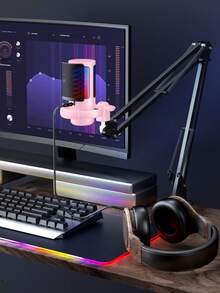 1件 USB 介面 RGB 懸臂支架電競電容式麥克風，適用於視訊會議、唱歌、現場錄音 - 粉色 - 查看 4