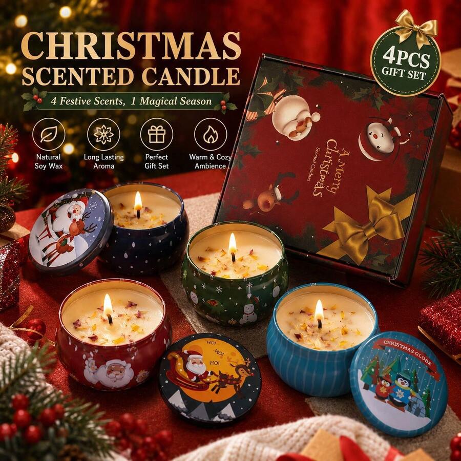Bộ 4 nến thơm quà tặng Giáng Sinh, đồ trang trí nhà cửa Noel, quà tặng lễ hội hoàn hảo để trang trí nhà cửa - Nhiều màu - Xem 1