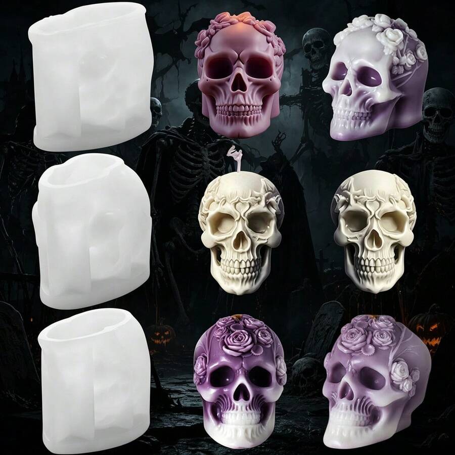 3pcs Halloween Skull Silicone Candle Mold, Halloween Element Plaster Mold - White - View 1