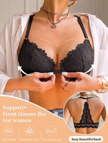 Women's Front Closure Lace Underwire Push-Up Bra, Beautiful Back Design, Breathable & Comfortable, Lift & Push-Up, Suitable For Daily Casual Wear, Comfortable & Confident - Black - View 4