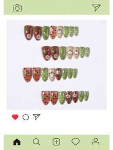 30pcs Short Almond French Press-On Nails, 3D Gel Button, Polka Dot, Line, Star Pattern Design, Set Includes: 1pc Jelly Glue And 1pc Nail File. Suitable For Autumn/Winter Nails. - Multicolor - View 2