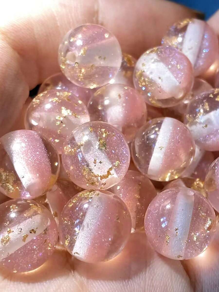 60顆 8/10/12mm 粉色樹脂亮面金箔透明珠子，適用於珠寶製作、鑰匙圈、手機鍊、項鍊、手鍊，初學者友善