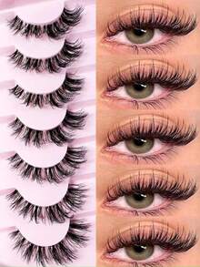 7 Pairs Messy Natural Cat Eye False Eyelashes, Transparent Stem, Create Cat Eye Makeup Effect, Long And Slender, Full Strip Soft Natural Realistic False Eyelashes, Strip False Eyelashes, Eyelashes, False Eyelashes, False Eyelashes - View 1