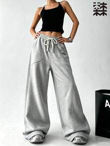 mulinsen Women's Heather Gray Curved Seam Loose Fit Sweatpants, Elastic Drawstring Waist, Casual Athletic Pants - Light Grey - View 5