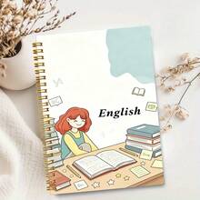 A5 Cartoon Girl Study English Golden Spiral Notebook 100 Pages Kawaii Desk Book Doodle Wire Bound Notepad, Girly Aesthetic Journal For School Gift - Lined Notebook - View 4