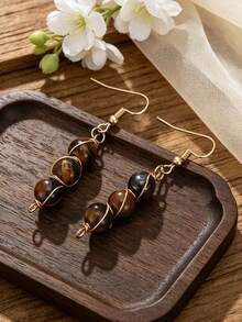 Vintage Tiger Eye Stone Teardrop Pendant Earrings, Women's Gold Teardrop Style Bohemian Exaggerated Earrings, Suitable For Daily Wear And Party, Gift - Earring - View 9