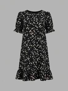 女款秋季碎花中長洋裝，泡泡短袖荷葉邊下擺 A 字裙（不含腰帶） - 黑色 - 查看 7