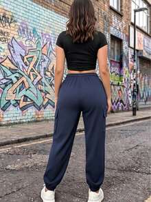 Women's Spring/Autumn Solid Color Multi-Pocket Cargo Pants, Tapered Leg Zipper Outdoor Sports Long Pants - Navy Blue - View 4