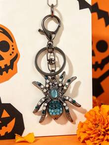 1pc Vintage Rhinestone Spider Keychain, Gothic Style Halloween Blue Cat Eye Pendant, Gunmetal Lobster Clasp Key Ring, Car Bag Charm, Halloween Gift - Multicolor - View 4