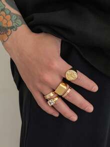 5件組男士復古金色印章戒指套組,壓紋徽章方形鑽石寬版戒指,嘻哈風可疊戴手指戒指禮物飾品 - 金色 - 查看 4