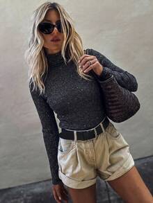 Sweater Turtleneck Bergaris Berkilau Berpayet untuk Wanita, Atasan Rajut Lengan Panjang Slim Fit, Hitam - Hitam - View 2