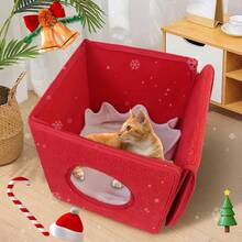 Winter Christmas Gift Box Cat Bed, Extra Large Space, Scratch-Resistant, Enclosed, Warm And Cozy Cat Bed - Multicolor - View 7