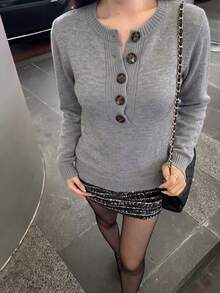 Sweater Dalaman Model Pullover Leher V Abu-abu untuk Wanita, Gaya Korea, Musim Gugur/Musim Dingin, Santai, Chic, Leher Bulat, Atasan Rajut Lapisan Dalam - Grey - View 7