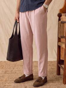 glestore Men's Retro Style Old Money Look Linen Solid Color Drape Drawstring Casual Long Pants Casual Resort Fashion Versatile Four Seasons Style - Dusty Pink - View 3