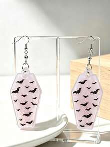 1 Pair Light Pink Marble Coffin & Black Bat 2D Flat Acrylic Pendant Earrings, Women's Halloween Party Decoration, No Packaging Box - Earrings - View 4