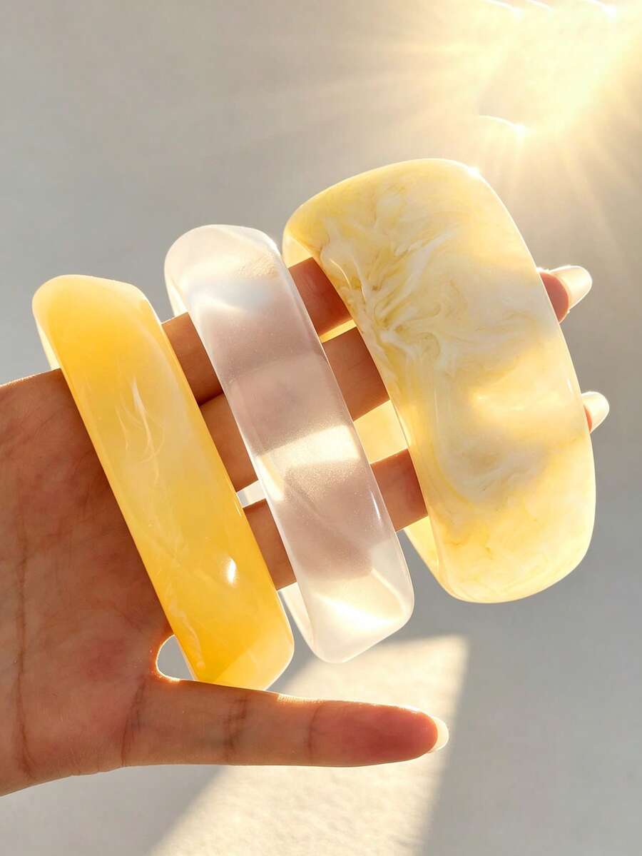 Vintage 3pcs/1pc Fashion Elegant Exaggerated Old Money Style Geometric Irregular Yellow Transparent Wide Rim Round Square Marbled Resin Acrylic Bracelet Minimalist Unique Chunky Y2K Stacked Bangle Suitable For Women Summer Beach Vacation Party Gathering Date Gift Daily Wear Versatile Jewelry - Yellow - View 1