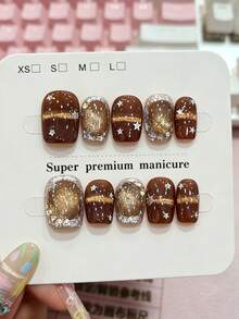 10Pcs Pure Handmade Short Square Press On Nails, Chestnut Brown Base With Golden Cat‑Eye, Five‑Point Stars, Silver Foil & Sparkling Glitter, Dreamy Retro Autumn Style For Daily & Party Use - Brown - View 1