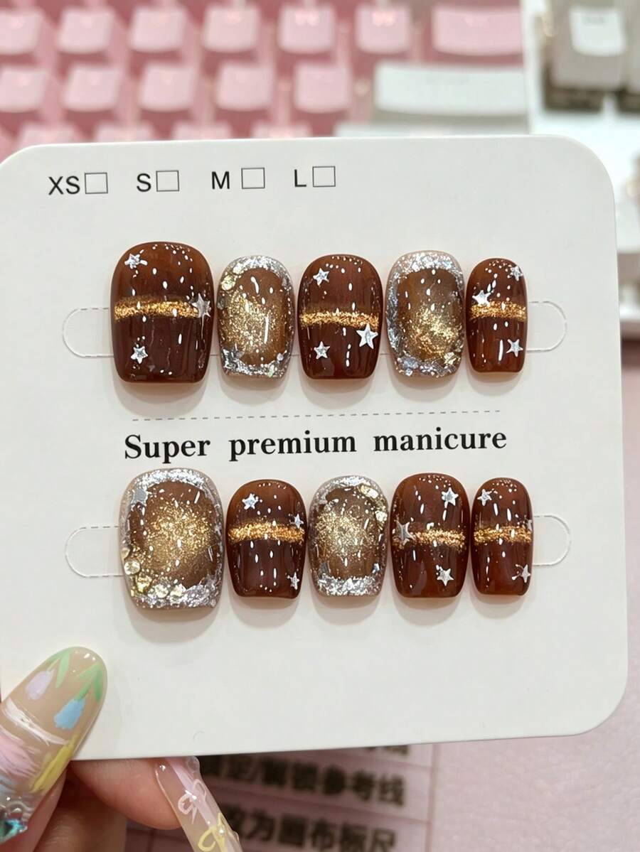 10Pcs Pure Handmade Short Square Press On Nails, Chestnut Brown Base With Golden Cat‑Eye, Five‑Point Stars, Silver Foil & Sparkling Glitter, Dreamy Retro Autumn Style For Daily & Party Use - Brown - View 1