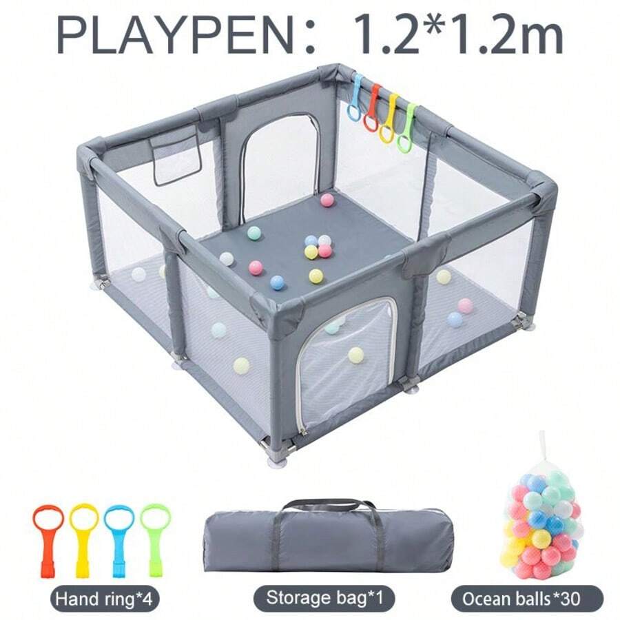 YAZOCO Light Grey Baby Playpen, Play Enclosure With Pull‑Ring & Ball Pit. Spacious Barrier For Toddlers & Infants - Grey - View 1