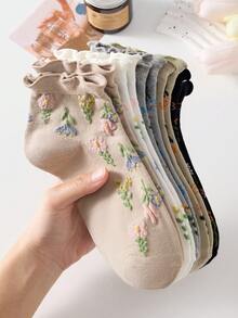 5 Pairs Women's French Vintage Court Style Floral Pattern Embossed Fashion Short Socks Invisible Socks Lace Socks, Ankle Socks Boat Socks, Skin-Friendly Soft Socks, Suitable For Daily Casual Wear, Suitable For Spring Summer All Seasons - Multicolor - View 9