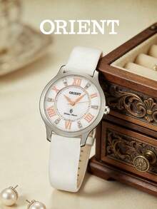 Orient Women's Quartz Watch With Silver Shell Mother Of Pearl Dial, Rose Gold Roman Numeral Hour Markers With Rhinestones, White Embossed Leather Strap, Gentle Sweet Luxury Style - White - View 7