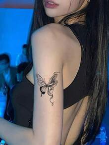 6pcs Herbal Temporary Tattoo Sticker, Ink‑Wash Style Butterfly Moon And Star Pattern, Realistic Fake Tattoo Design, Suitable For Daily Wear, Bachelorette Party Favors, Music Festivals, Game Events, Graduation Gifts, Lasts 7‑14 Days - Black - View 4