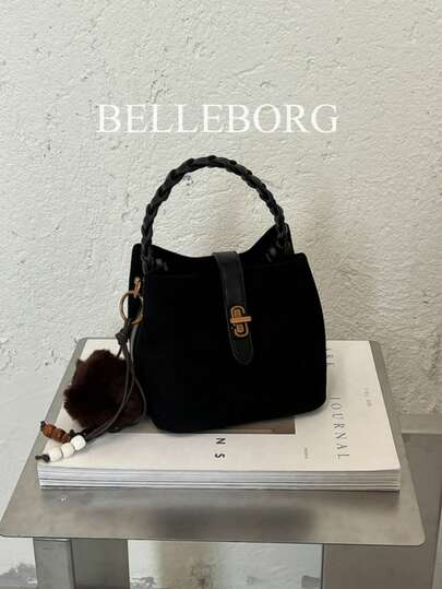 1pc Black Pom Pom Pendant Woven Handle Metal Buckle Magnetic Snap Flannel Bucket Bag Women's Commuter Casual Autumn/Winter Versatile Shoulder Handbag