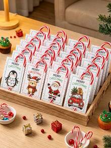 48pcs Christmas Candy Cane Gift Cards With Bow, Santa Claus Penguin Reindeer Snowman Pattern Candy Cane Holder Labels, Christmas Gift Packaging, Merry Christmas Labels, Baby Shower Christmas Party Favors, Christmas Decorations, Home Decor, Merry Christmas Gifts, Christmas Baby Party Supplies - Multicolor - View 3