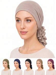 1pc Women's Solid Color Elastic Headscarf Inner Layer, Soft Modal Knit Headwrap Hat, Back Ruffle Elastic Hairband, Non-Slip Lining Scarf, For Daily Wear - Multicolor - View 3