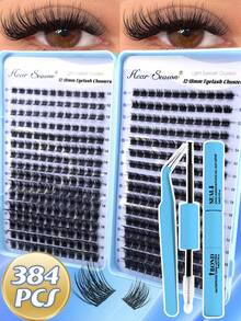 384 Pairs Eyelash Book, 12-18mm Mixed Density, New Cat Eye D Curl Lashes, DIY Natural Look Eyelash Set, Ultra Soft And Lightweight, Includes Eyelash Glue Set, Suitable For Daily, Date, Party, Professional Makeup Cluster False Eyelashes - Multicolor - View 1