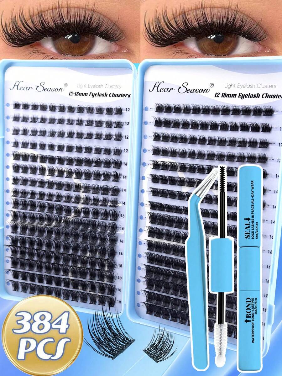 384 Pairs Eyelash Book, 12-18mm Mixed Density, New Cat Eye D Curl Lashes, DIY Natural Look Eyelash Set, Ultra Soft And Lightweight, Includes Eyelash Glue Set, Suitable For Daily, Date, Party, Professional Makeup Cluster False Eyelashes - Multicolor - View 1